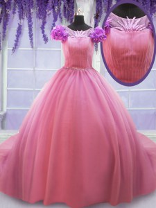 Bonita cuchara mangas tren de corte de la corte hasta el vestido de fiesta vestido de fiesta rosa rosa tul