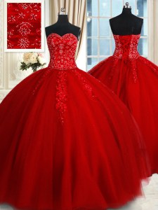 El amor rojo ata para arriba el rebordear y appliques los vestidos de la quinceañera sin mangas