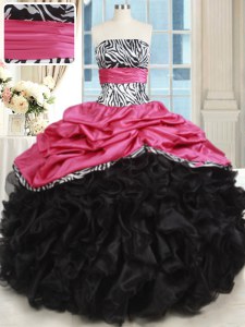 Rosado y negro ata para arriba dulce 16 vestidos que rebordean y ruffles longitud sin mangas del piso