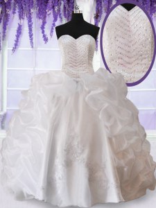 Los vestidos de bola blancos sin mangas del cordón del organza rebordean y los appliques y recogen la longitud del piso atan para arriba el vestido dulce 16