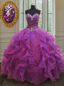Longitud del piso encaje vestidos de quinceanera púrpura para el balón militar y dulce 16 y quinceanera con rebordear y volantes y lentejuelas