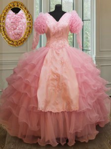 Colmillos de cuello en V con volantes de manga media cremallera quinceanera vestidos de organza rosa bebé