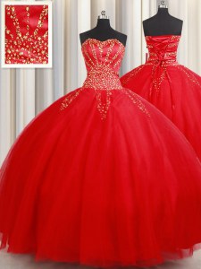 Tul rojo atan para arriba los vestidos de bola del membrillo longitud sin mangas del piso que rebordea