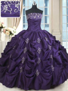 Bastante púrpura longitud del piso sin mangas de rebordear y los appliques atan para arriba el vestido de quinceanera
