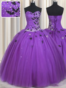 Vestidos de quinceanera berenjena púrpura tulle longitud de piso sin mangas encaje hasta