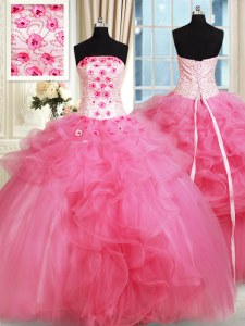 Fancy tulle de color rosa caliente hasta dulce 16 vestido de longitud sin mangas de piso perlas y apliques y volantes