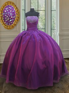 Personalizado de diseño de longitud púrpura 15 quinceanera vestido organza beading sin mangas