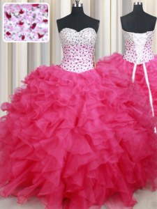 Superior de color rosa sin mangas de longitud del piso perlas y volantes de encaje hasta vestidos de quinceanera