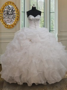 Los vestidos de lujo de los cequis 15 vestido de quinceañera de la longitud del piso sin mangas del organza del amor blanco atan para arriba