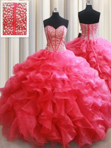 Vestidos de bola de coral rojo excelente organza sweetheart sin mangas rebordear y volantes longitud del piso hasta el vestido de baile vestido de fiesta