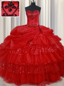 Los vestidos rojos de la bola longitud sin mangas del piso del organza del amor atan para arriba el bordado y las capas y los cequis rizados y las recogidas vestidos de quinceanera