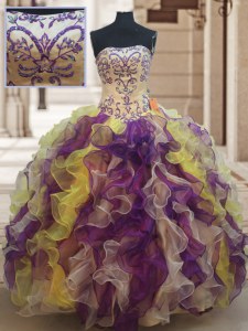 Los vestidos de bola multicolores longitud sin mangas del piso del organza sin mangas atan para arriba el rebordear y el vestido del baile de fin de curso del vestido de bola de las colmenas