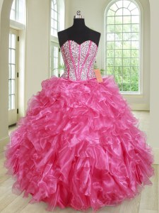 Los vestidos de bola de la longitud del piso sin mangas rosada caliente 15 vestido del quinceanera atan para arriba