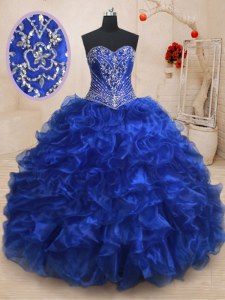 El tren sin mangas del cepillo del amor organza glorioso ata para arriba el rebordear y el vestido de quinceanera de las colmenas en azul real