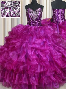 Beigeous organza púrpura hasta cordón sin mangas piso longitud dulce 16 vestido de quinceañera perlas y volantes y lentejuelas