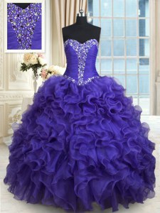 El rebordear popular y ruffles la púrpura del vestido del 15to cumpleaños atan para arriba longitud sin mangas del piso