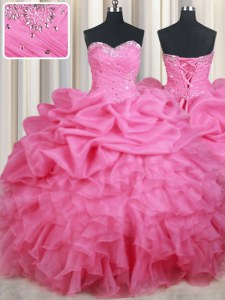 Baratos recoger la longitud del piso rosa rosa dulce 16 vestidos novia sin mangas encaje hasta