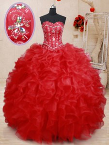 Rojo atan para arriba el vestido del baile de fin de curso del vestido de bola que rebordea y ruffles longitud sin mangas del piso