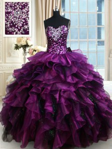 Colorido púrpura longitud sin mangas piso rebordeando y volantes y capas de rizos y lentejuelas ata hasta vestido de quinceañera