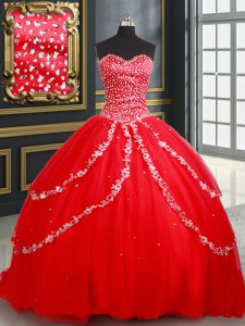 Exquisito rojo sin mangas rebordear y apliques encaje hasta 15 vestido de quinceañera