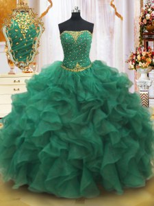 Colgante sin mangas de color verde oscuro y volantes vestidos de quinceañera sin mangas con cordones