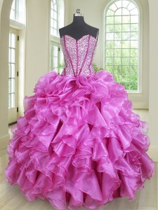 Sin mangas del amor atan para arriba el organza de la lila del vestido del 15to cumpleaños