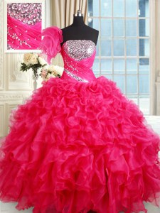 Organza de color rosa caliente hasta los vestidos de quinceañera sin mangas lentejuelas longitud del piso