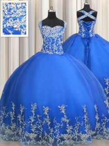 Las correas sin tirantes sin mangas de la longitud del piso rebordear y los appliques atan para arriba el vestido del 15to cumpleaños con el azul