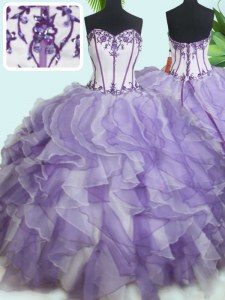 Los vestidos de bola vestido de baile vestido de fiesta blanco y púrpura sweetheart organza longitud sin mangas del piso encaje hasta