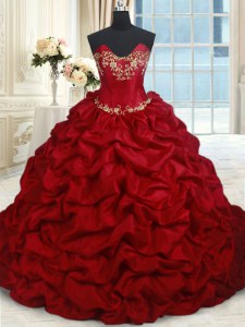 Los vestidos de bola rojos superiores del vino longitud sin mangas del piso del tafetán del amor atan para arriba el rebordear y el vestido de quinceanera de las selecciones