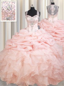 Correas bonitas vestido de baile rosa vestido de baile organza cepillo tren sin mangas rebordear y volantes y pick ups