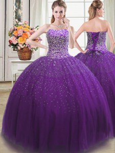 El amor púrpura ata para arriba el rebordear 15to vestido del cumpleaños sin mangas