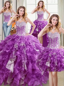 Amazing cuatro piezas púrpura vestido de novia sin mangas de longitud de piso de organza de encaje hasta rebordear y volantes y vestidos quinceanera lentejuelas