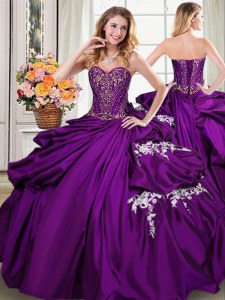 Púrpura ata para arriba los vestidos del quinceanera que rebordean y los appliques y recogen la longitud sin mangas del piso