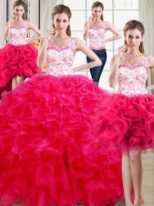Las correas de cuatro piezas sin mangas atan para arriba el vestido del quinceanera el organza de las rosas fuertes