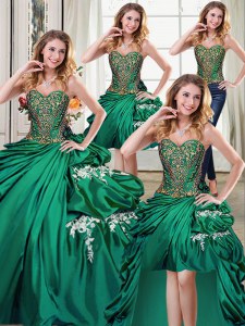 Cuatro piezas verde oscuro vestido de novia de tafetán sin mangas beading y apliques y recoger la longitud del piso hasta 15 cordones vestido quinceanera
