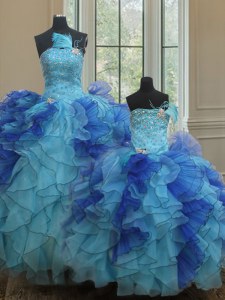 Los vestidos de bola de la longitud del piso de lujo sin mangas azul quinceanera ata para arriba