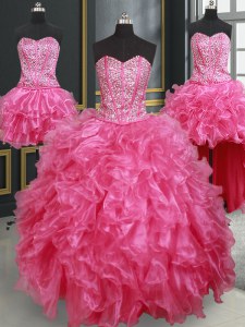 Edgy cuatro piezas sin mangas de longitud de piso de organza hasta el vestido de baile vestido de fiesta en color rosa caliente con rebordear y volantes