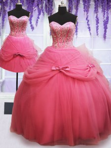 Admirable de tres piezas de rosa de color rosa de tul hasta el vestido de quinceañera sin mangas de longitud del piso perlas y bowknot