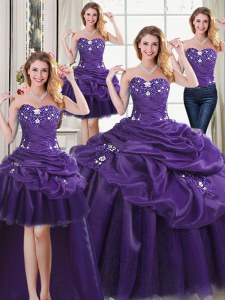 Atractivo de cuatro piezas sin mangas de organza amor sin mangas hasta perlas y apliques y recoge vestidos de quinceañera en púrpura