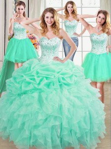 Cuatro pedazos de verde manzana vestidos de novia sin mangas de longitud de piso de organza de encaje hasta rebordear y volantes y recoger los vestidos de bola de membrillo