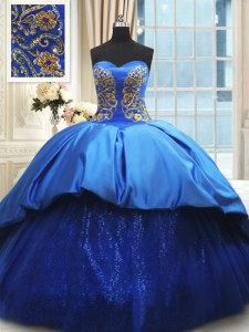 Satén azul royal hasta el amor sin mangas con tren vestidos de quinceañera tribunal tren bordado y bordado