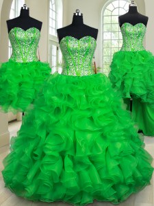 El cordón sin mangas del organza de cuatro pedazos ata para arriba el rebordear y los vestidos de bola del membrillo de las colmenas en verde