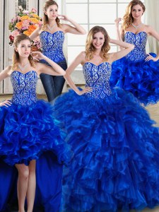 Los vestidos de bola elegantes de cuatro pedazos sin mangas del tren del cepillo del vestido del quinceanera del azul real 15 atan para arriba