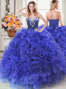 Rebordear y ruffles los vestidos de la quinceañera azul real atan para arriba longitud sin mangas del piso