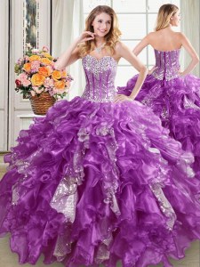 Longitud del piso de los cequis dulce púrpura 16 vestidos cordón sin mangas del amor para arriba