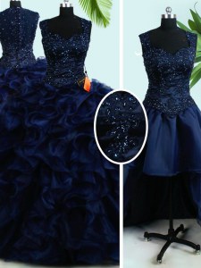 Popular de cuatro piezas de las correas azul marino organza cremallera dulce 16 vestidos de longitud sin mangas de piso rebordear y volantes