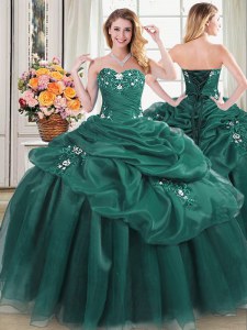 Trendy verde oscuro vestido de bola rebordear y apliques y recoge dulce 16 vestidos de encaje hasta organza sin mangas de longitud del piso