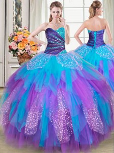 Los vestidos de bola multicolores del amor de Tulle sin mangas rebordean y rizan la longitud del piso atan para arriba los vestidos de bola del membrillo