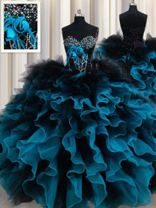 Piso de longitud negro y azul quinceanera vestidos de organza y tul sin mangas rebordear y volantes y flores hechas a mano